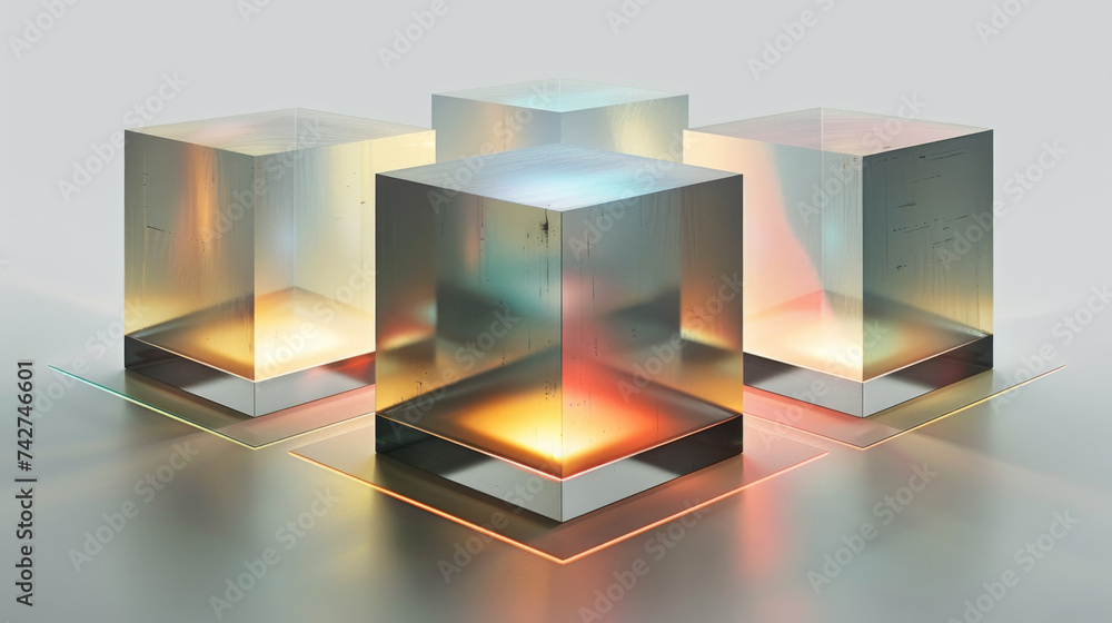 Poster a group of three transparent glass cubes are arranged neatly on top of a wooden table, creating an i