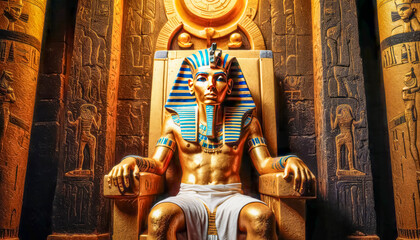 The beautiful Egyptian goddess-pharaoh Tutankhamun sits on a golden throne in the temple of Thebes - obrazy, fototapety, plakaty