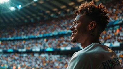 Soccer player in a crowded stadium, smile, joy, natural light, side view,