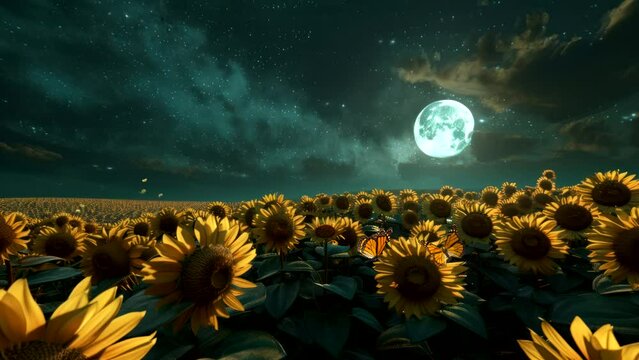 night sky and moon on sunflower field. Seamless looping time-lapse virtual 4k video animation background
