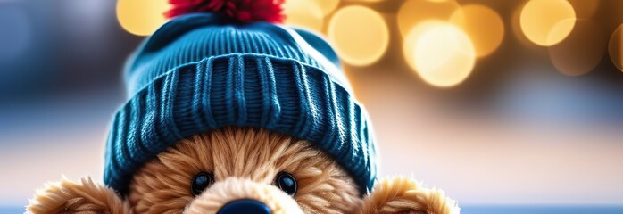 Teddy bear in knitted hat on bokeh background with copy space