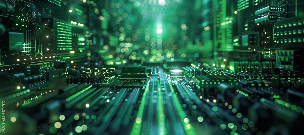 Poster Microchip circuit board electronics hardware. Generative AI technology.