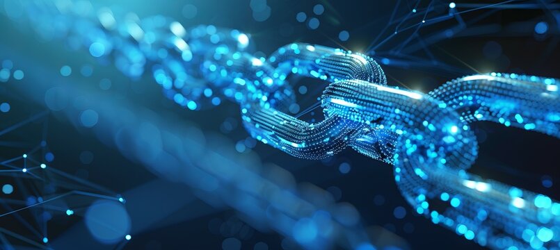 Digital blue chain link. Cyber security internet concept. Generative AI technology.