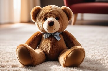 Teddy bear resting on a carpet 