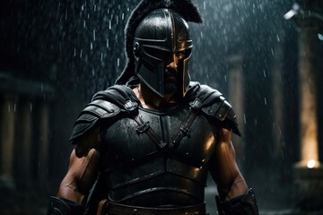 Naklejka premium spartan soldier in raining night