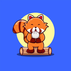 Vector illustration of a cute red panda eating dumplings.