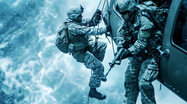 Military personnel skillfully rappelling from a helicopter a scene of disciplined action