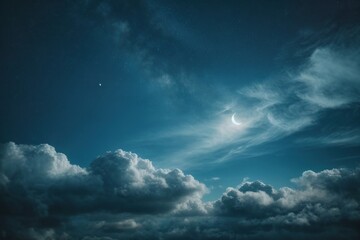 stars moon clouds fluffy clouds nighttime sky - obrazy, fototapety, plakaty