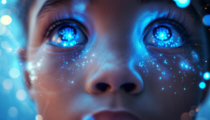 A close up of an AI childs face eyes glowing with data streams as they interface directly with cloud computing networks learning and evolving a testament to the potential of AI in shaping future - obrazy, fototapety, plakaty