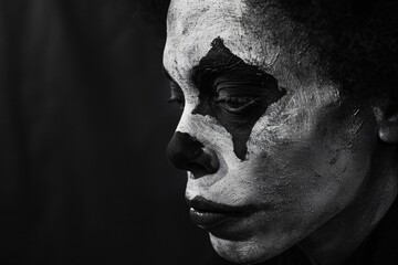 Mime artist performing silent storytelling painted face contrasting sharply against a black background - obrazy, fototapety, plakaty