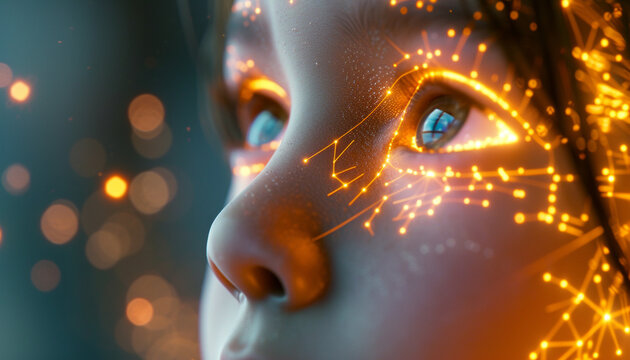 A close up of an AI childs face eyes glowing with data streams as they interface directly with cloud computing networks learning and evolving a testament to the potential of AI in shaping future