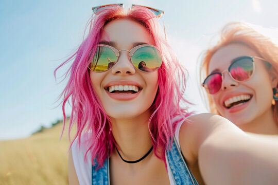 Happy young woman with pink hair smiling and taking selfie with a friend on a sunny summer day