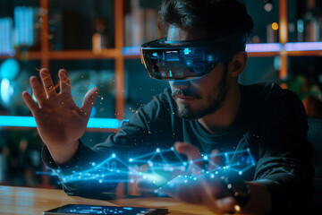 A tech savvy user in a dynamic workspace manipulating holographic data interfaces projected from their mobile device showcasing the integration of mobile computing with cloud based data analysis