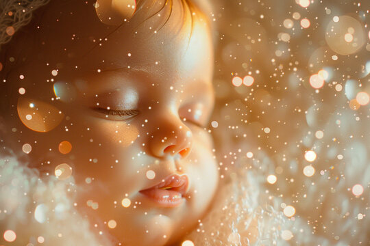 A serene image of a sleeping baby enveloped in soft shimmering bubbles the gentle light casting a peaceful glow on the babys face creating a dreamlike atmosphere