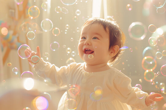 a whimsical capture of a babys first encounter with bubbles awe and excitement in their eyes set against a backdrop of a sunny airy room filled with floating bubbles