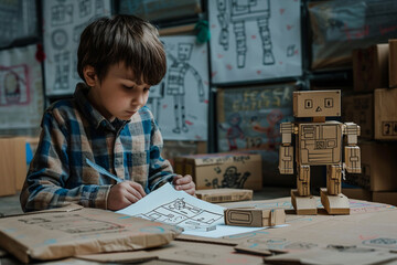 Fototapeta na wymiar an inventive youngster sketching robot designs on paper cardboard prototype standing by the scene filled with the magic of a childs boundless imagination