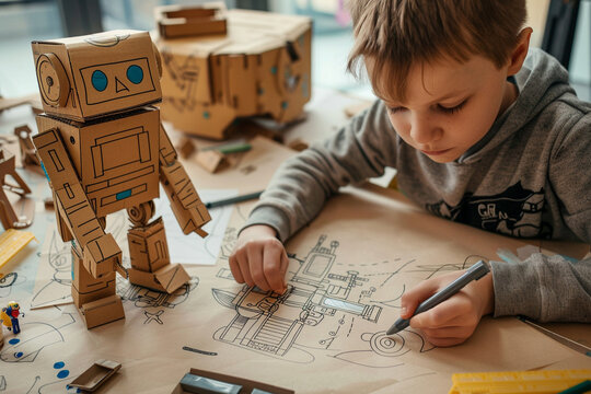 an inventive youngster sketching robot designs on paper cardboard prototype standing by the scene filled with the magic of a childs boundless imagination