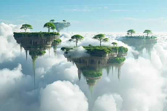 High above the clouds floating islands drift lazily by each harboring its own unique ecosystem and civilization suggesting the existence of countless parallel worlds in the sky