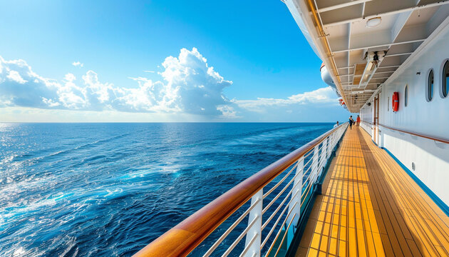 High definition photo of the deck of a luxury cruise ship passengers enjoying amenities clear skies sharp focus on the details of the leisure activities