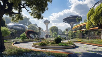 A public park in the heart of a futuristic eco-city, featuring innovative water conservation systems, solar-powered lights, and community gardens. 8k - obrazy, fototapety, plakaty
