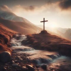 Christian cross on hill and a stream of clean water flows from under it outdoors at daylight