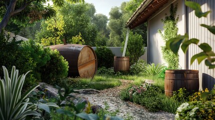 Naklejka premium A residential backyard featuring a rainwater harvesting system with barrels collecting water, surrounded by a lush garden. 8k