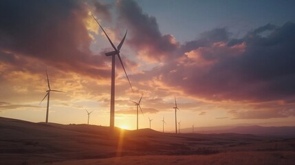 Obraz premium A scenic view of a wind farm at sunset, with towering wind turbines standing against a vibrant sky, symbolizing renewable energy solutions. 8k