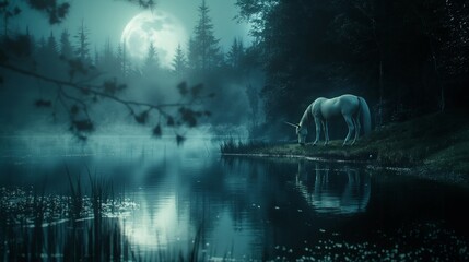 A serene lake in a moonlit forest, where a unicorn drinks at the water's edge, its coat shimmering with an ethereal light. 8k