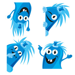 Illustration of a plug figure "Stromi" that looks into the picture in four different variations