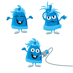 Three illustrations of a flat plug with different emotions