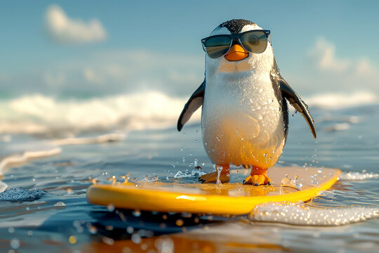 3D image of a penguin on a surfboard. Wear sunglasses, casually.