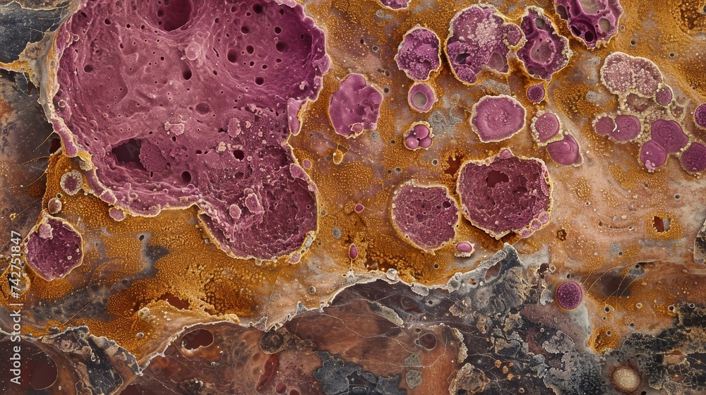 Poster a detailed microscopic shot capturing the complex interplay of cellular structures with a variety of
