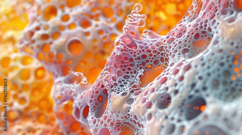 Poster vivid macro image of an abstract foam-like structure with intricate details in orange and blue hues.