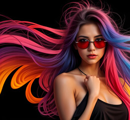 Fototapeta premium Beautiful girl with rainbow hair, professional hair coloring, abstract, music, graphics 
