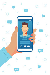 Dating service app concept on phone screen. Woman hand holding smartphone with man profile. Virtual relationship, acquaintance in social network. Vector illustration in flat style.