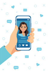 Dating service app concept on phone screen. Man hand holding smartphone with woman profile. Virtual relationship, acquaintance in social network. Vector illustration in flat style.