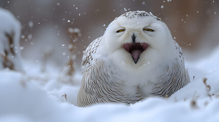 nowy Owl-Yawning Smiling in Snow, generative ai - 742752001
