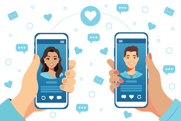 Dating service app concept on phone screen. Man and woman holding smartphones with each other profile. Virtual relationship, acquaintance in social network. Vector illustration in flat style.