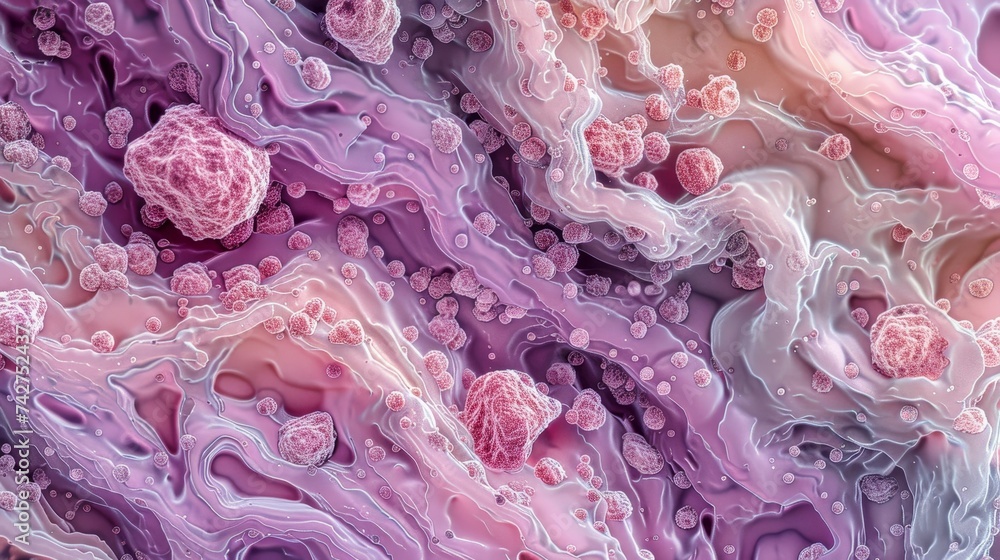 Poster digital abstract interpretation of clustered cancer cells, highlighting intricate details in a micro
