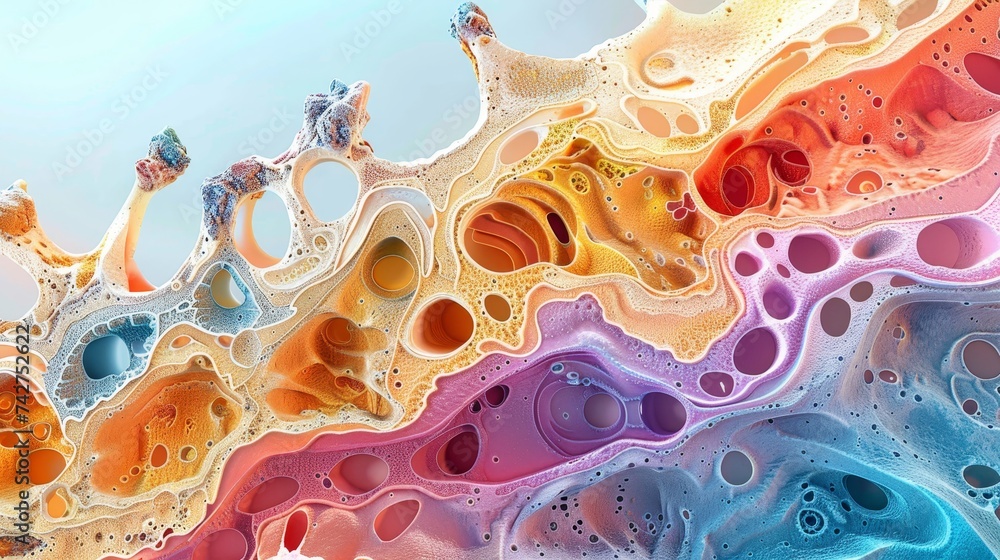 Poster this abstract image creatively represents the complex structure of bone marrow as seen through a mic