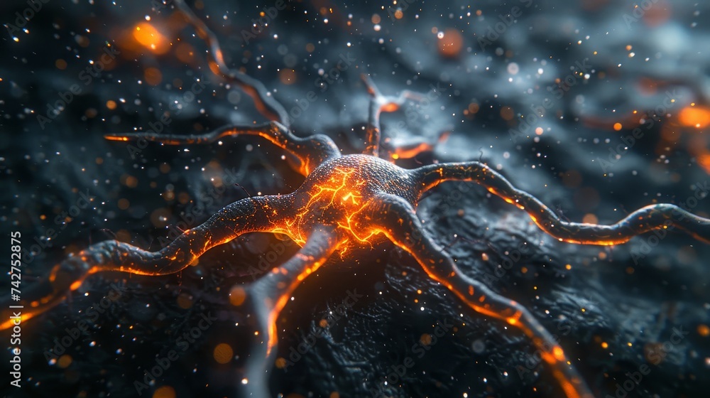 Poster this is a dynamic 3d visualization of an active neuron firing electrical impulses, representing neur