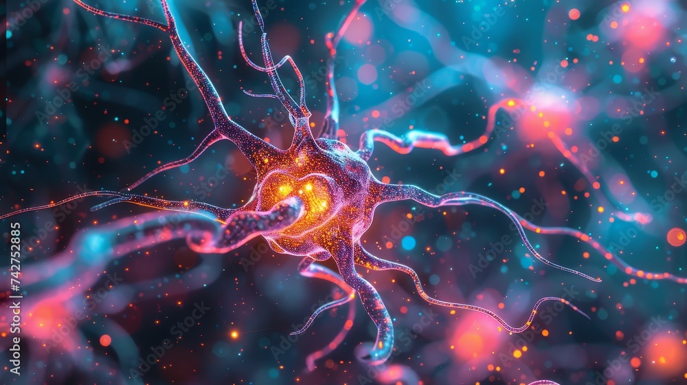 Poster a vibrant depiction of a neuron within a neural network transmitting signals, symbolizing the comple