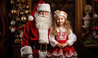 Fototapeta na wymiar Little Girl Standing Next to Santa Claus