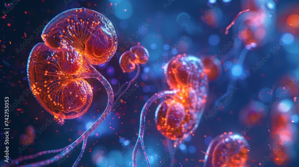 Poster digital art depicting an advanced neural network with glowing synapses, symbolizing complex brain ac