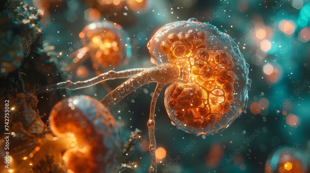 Poster a stunning visual rendering of a neuron with glowing synaptic activity, representing neural communic