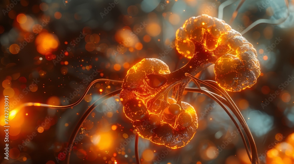 Poster close-up of a neural synapse with vivid synaptic transmission, showcasing the intricate processes of