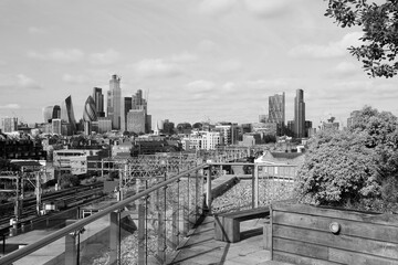London rooftop terrace. Architecture of England. Black and white photo.