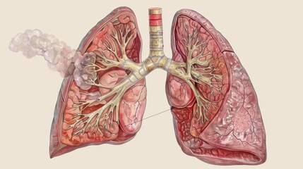 Vintage medical illustration of human lungs, featuring detailed bronchial tree anatomy and effects of smoking.