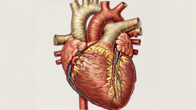 A meticulously illustrated human heart showing the coronary vessels, arteries, and detailed cardiac anatomy on a neutral background.