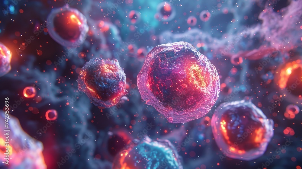Poster a vibrant 3d illustration captures the dynamic process of cellular activity and division in a micros